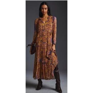 Anthropologie The Marais Printed Chiffon Tiered Maxi Dress, Medium Petite